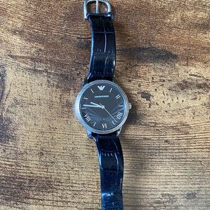 Emporio Armani Black Leather Watch with Stainless Steel